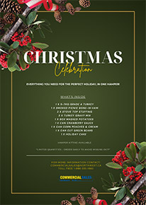 A green Christmas background with decorations on the top and bottom while explaining what is in our Christmas Hamper for 2025