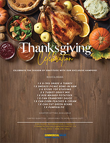 Thanksgiving Celebration, with a cooked turkey and various Thanksgiving food on top of a wood table. Outling what is included in our Thanksgiving Hamper